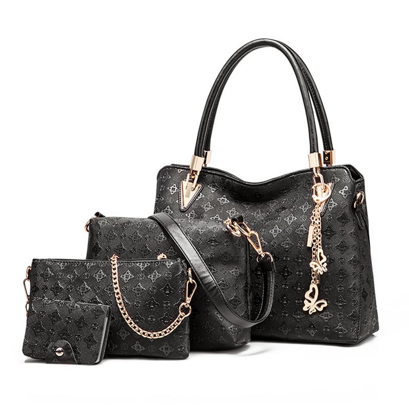 Pahajim PU Leather Handbag Shoulder Tote Bag Wallets Top Handle Satchel Purse for Women Butterfly Accessories Set 4pcs (black) - Image 1